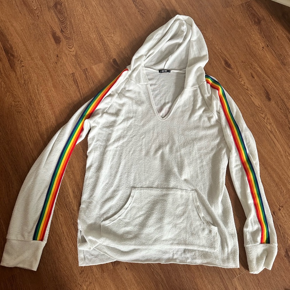 V-Neck White Sweater with Rainbow Stripes